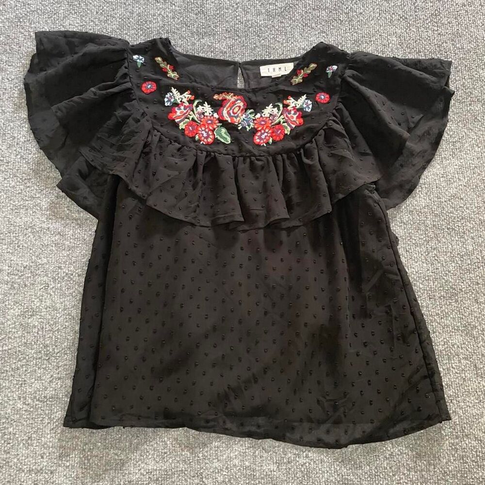Peasant boho feminine black embroidered floral blouse